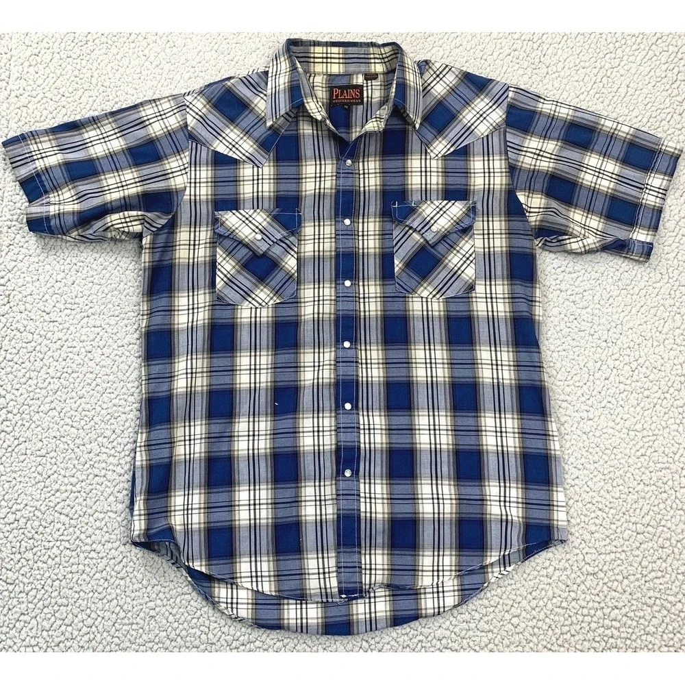 Plains Western Wear Shirt Mens M Blue‎ Plaid Pearl Snap Short Sleeve Yoke